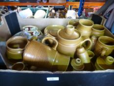 Two boxes of Langley pottery to include coffee pots, cups, saucers, plates etc.