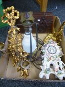 A selection of sundry items including religious panels, china clock lamp and gilt items