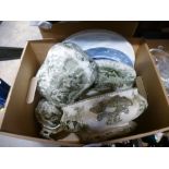 Four boxes of china and cut glass including Delft