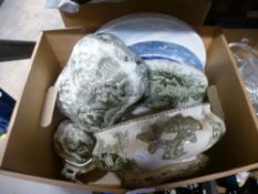 Four boxes of china and cut glass including Delft