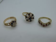 Two 9ct gold dress rings, one an opal and sapphire cluster ring, another sapphire floral design