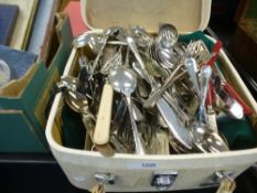 A case of various plated cutlery and 19th century canteen by Macdaniel of steel bladed knives and