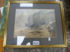 Harry Sticks; a rocky coastal view, signed watercolour, 18cms x 26cms; two framed tiles; and a small