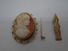 9 carat gold cameo brooch AF, and a 9 carat gold tie pin in the form of an arrow AF weight of the
