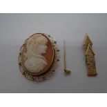 9 carat gold cameo brooch AF, and a 9 carat gold tie pin in the form of an arrow AF weight of the