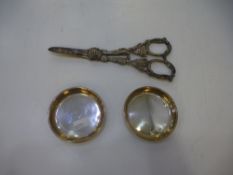 Silver grape scissors, slightly worn mark with decorative style and two small silver dishes