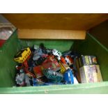 A box of playworn Corgi toys, mostly cars. Alongside a box of cigarette cards and a box of mixed