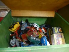 A box of playworn Corgi toys, mostly cars. Alongside a box of cigarette cards and a box of mixed