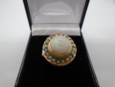 14 carat gold ring marked 585, containing large central Opal surrounded by smaller opalescent stones