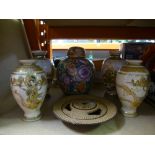 A quantity of oriental vases, a ginger jar and a metal dish