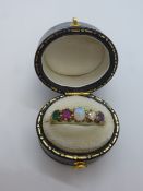 Pretty unmarked yellow metal ring set with amethyst, diamond, opal, ruby and emerald, size R