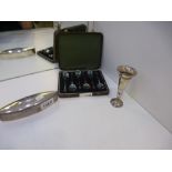 A silver lot comprising of a cased set of spoons, a small vase and an oval trinket box. Spoons