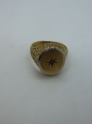 9ct yellow gold signet ring with central garnet marked 375, size U/V, approx 7.3g