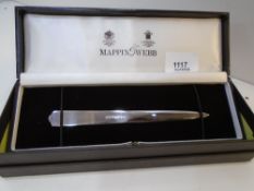 A high quality silver Mappin and Webb letter opener, cased and boxed, stamped maker's mark, London