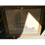 An oil of masted ship by Roger Hill, 75 x 62