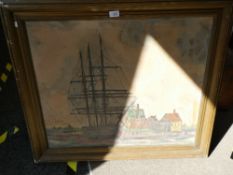 An oil of masted ship by Roger Hill, 75 x 62
