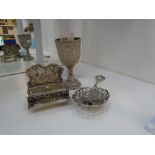 A white metal antique Hanukiak oil lamp, possibly 18th Century, 19th Century white metal Kiddish cup