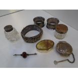 Inlaid metal snuff container, silver plated hinged bangle, brooch, etc