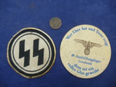 WW2 Style Waffen SS Beer Mat, Sports Vest Patch & Canteen Token