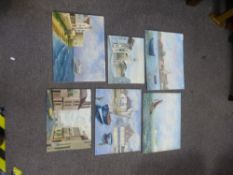 J A Pusey; six oil paintings on board of Bosham, Old Portsmouth, Emsworth, etc., unframed