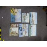 J A Pusey; six oil paintings on board of Bosham, Old Portsmouth, Emsworth, etc., unframed