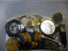 Box of mixed items to incl. Lorus Watch, gold plated pocket watch, medals pearl necklace etc.
