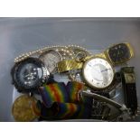 Box of mixed items to incl. Lorus Watch, gold plated pocket watch, medals pearl necklace etc.