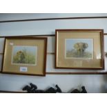 David Shepherd: Two small signed prints of elephant and lion, also signed on reverse 'To Maureen,