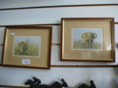 David Shepherd: Two small signed prints of elephant and lion, also signed on reverse 'To Maureen,