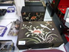 Embroidered jewellery box containing costume jewellery including pendants, brooches etc. and an
