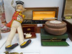 A Sunny Jim cloth doll, a box of glass slides and sundry