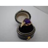 9ct yellow gold ring with faceted amethyst in claw mount, size R, marked 375, weight 3g