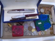 Four Parker pens, coins and sundry