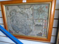 JOHN SPEEDE - An engraved map of Herefordshire, slightly trimmed, hand coloured with an inset map of