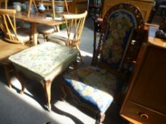 A Victorian dressing stool on cabriole legs, and a Victorian nursing chair with barley twist