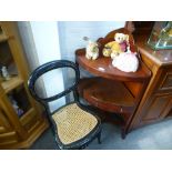 An antique mahogany corner washstand, having central drawer and a Victorian cane seated chair