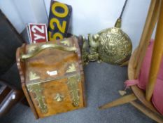 A Victorian coal box, having brass decoration with burr walnut veneers, a pair of brass fire dogs