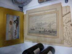 A folio containing unframed wash sketches and drawings: including, a coastal view with shipping, and