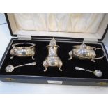 1950's silver 3 piece cruet set, lion mask legs, paw feet, Birmingham 1958 and 59, a silver salt