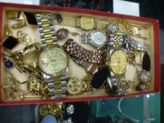 Box of costume jewellery, wristwatches, including Citizen, Seiko, etc.