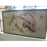 A modern Chinese silk of Golden pheasants by tree, 92 x 51cms