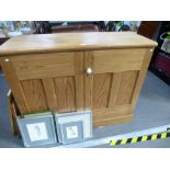 An old pine two door cupboard with internal drawers, on plinth base, 118cms