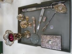 A silver lot comprising of magnifying glass, matchbox case, two George V silver three pence, flute