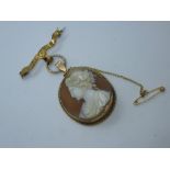 9ct yellow gold cameo pendant hung on a yellow metal bar brooch with safety chain