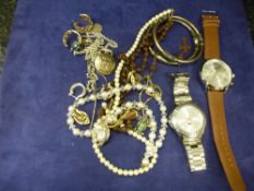 Two gent's wristwatches, two white metal bangles and sundry