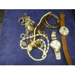 Two gent's wristwatches, two white metal bangles and sundry