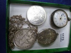 Silver cased pocket watch, oval silver locket, £5 coin in mount on silver chain, and another £5