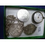 Silver cased pocket watch, oval silver locket, £5 coin in mount on silver chain, and another £5