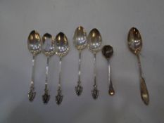 A mixture of silver spoons, four hallmarked Birmingham 1904, A J Bailey, one teaspoon 1924, possibly