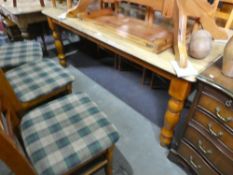 Large pine rectangular dining table and set of six chairs